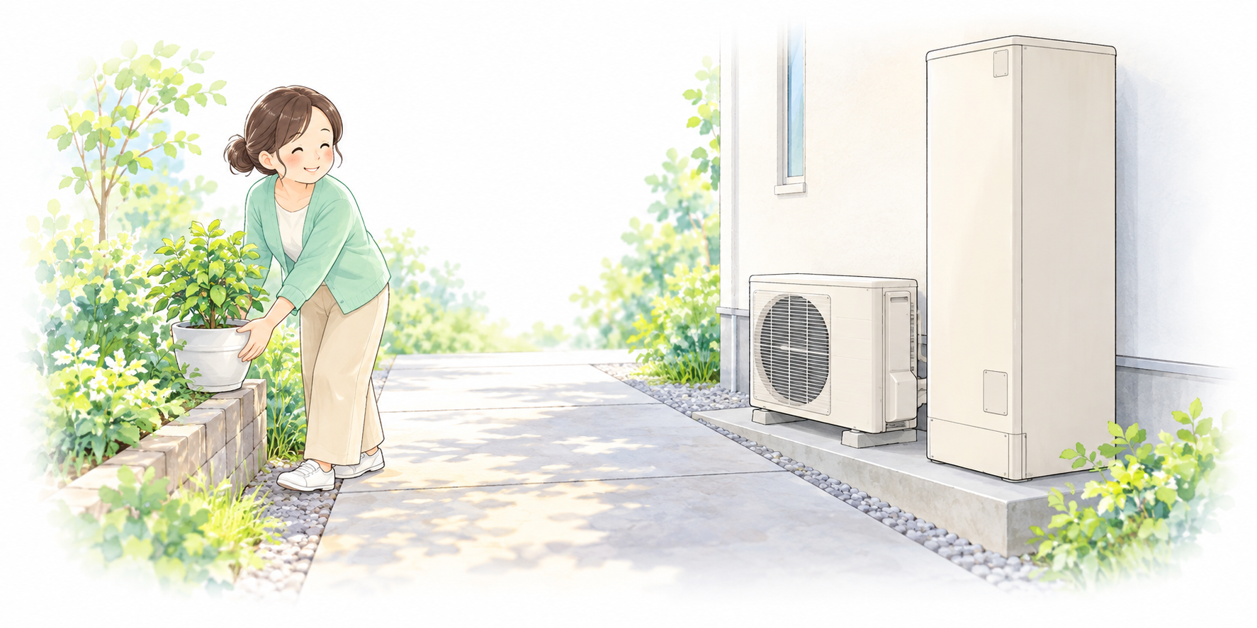 エコキュート交換工事に備え、植木鉢を移動して搬入経路を片付ける女性のイラスト。