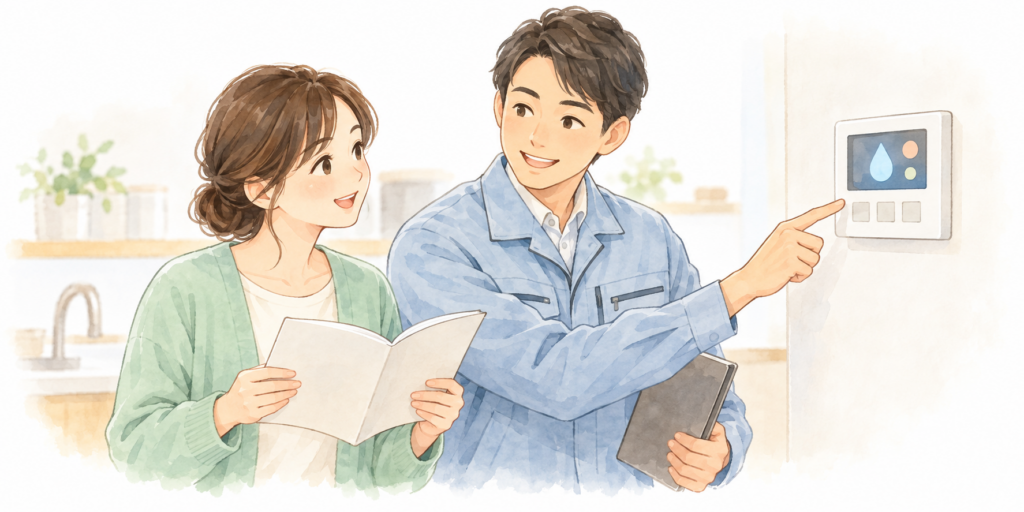 エコキュートのリモコンを指し示すスタッフと、取扱説明書を手に操作説明を受ける女性のイラスト。