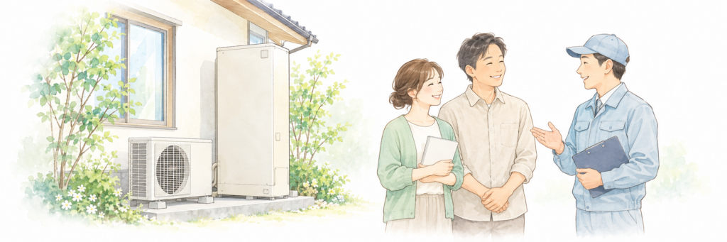 住宅の脇に設置されたエコキュートと、書類を手にスタッフの説明を聞く笑顔の夫婦のイラスト。