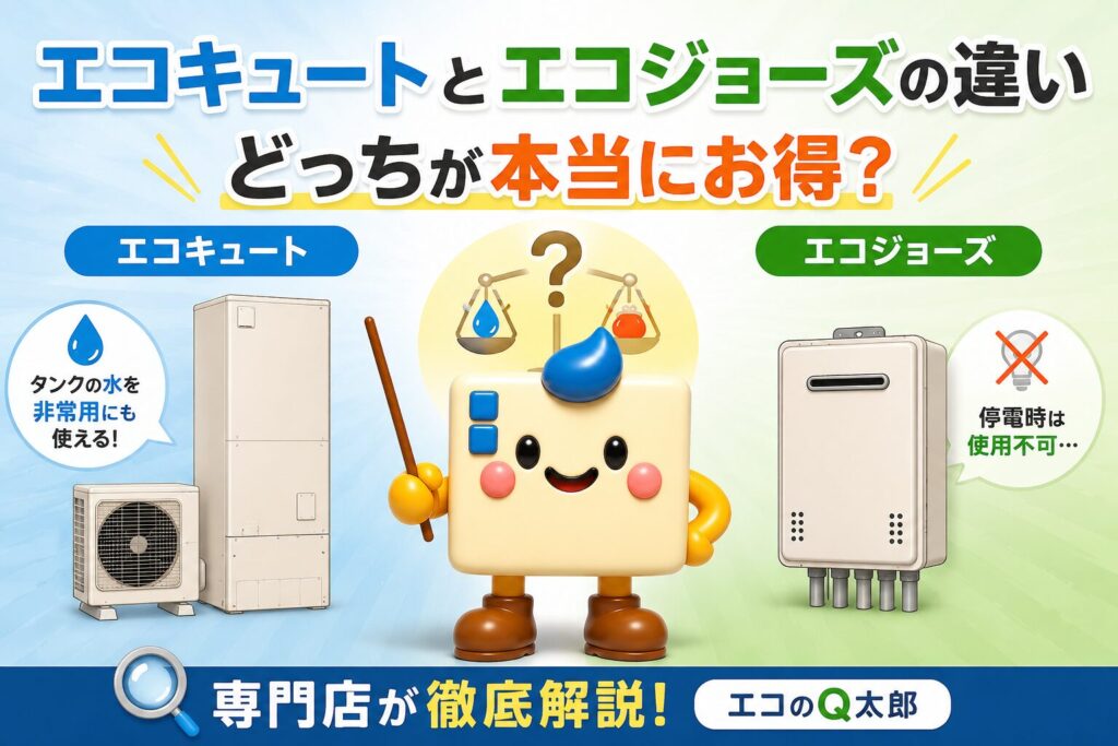 エコキュートとエコジョーズの違いを比較するイラスト。タンク式のエコキュートとコンパクトなエコジョーズを並べ、災害時の違いを説明する図。
