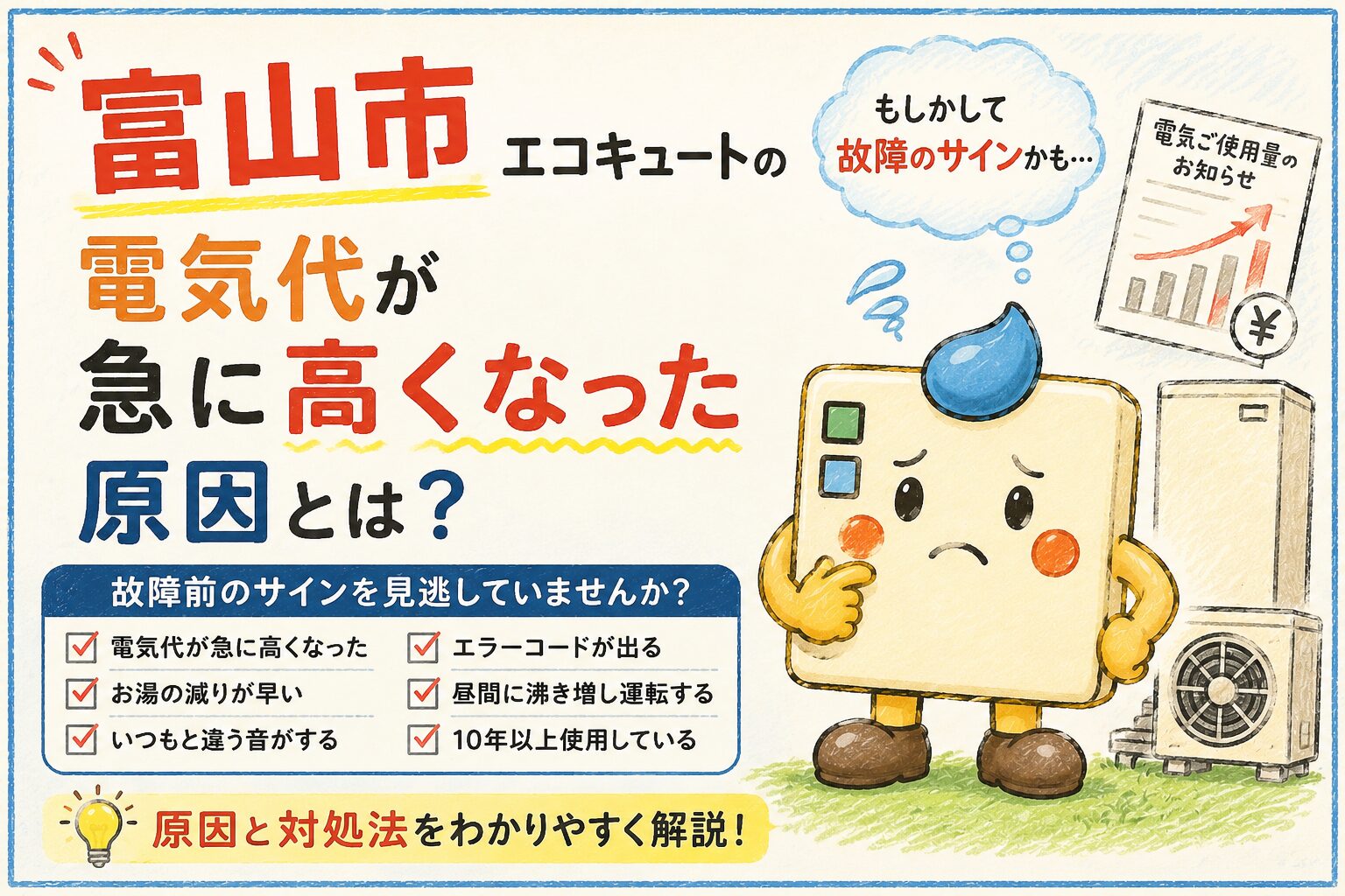 富山市でエコキュートの電気代が急に高くなった原因を解説するアイキャッチ画像｜故障前のサインや対処法を紹介