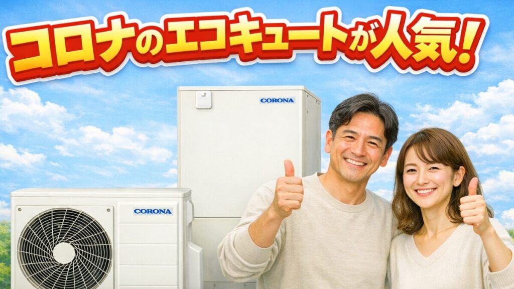 コロナのエコキュートと笑顔の夫婦が並ぶ写真。壊れにくく経済的な人気の理由を伝えるアイキャッチ画像。