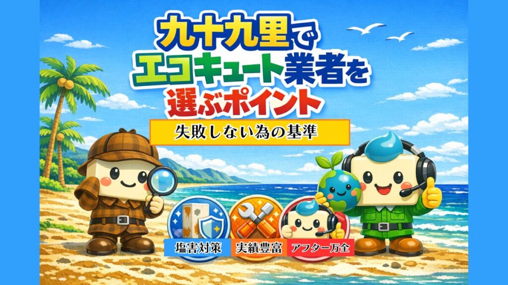 Q太郎キャラが登場する九十九里のエコキュート業者選びアイキャッチ画像。海辺の背景に、塩害対策・実績豊富・アフター万全の3つの選定ポイントをポップに表現。