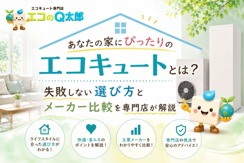 エコキュート専門店エコのQ太郎のアイキャッチ画像。リビングとエコキュート本体、キャラクターが並ぶデザイン。