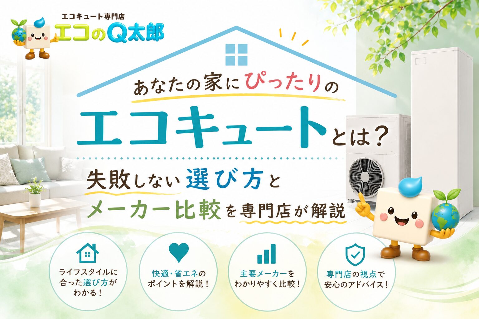 エコキュート専門店エコのQ太郎のアイキャッチ画像。リビングとエコキュート本体、キャラクターが並ぶデザイン。
