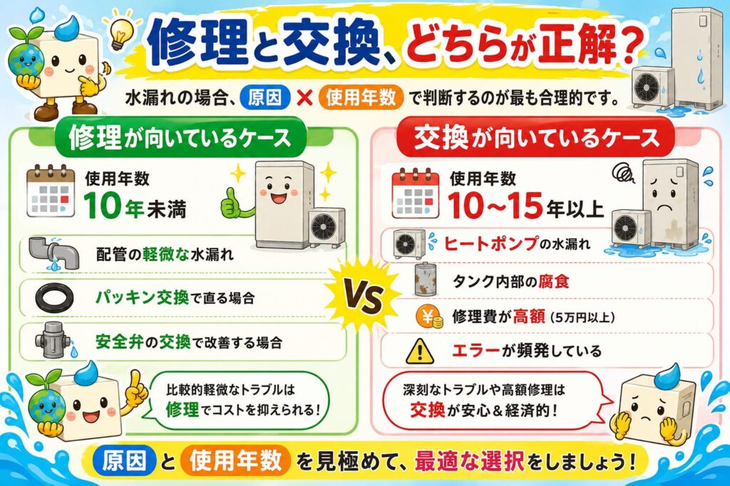 エコキュートの水漏れが修理か交換かを判断するための比較イラスト|大網白里市向け解説