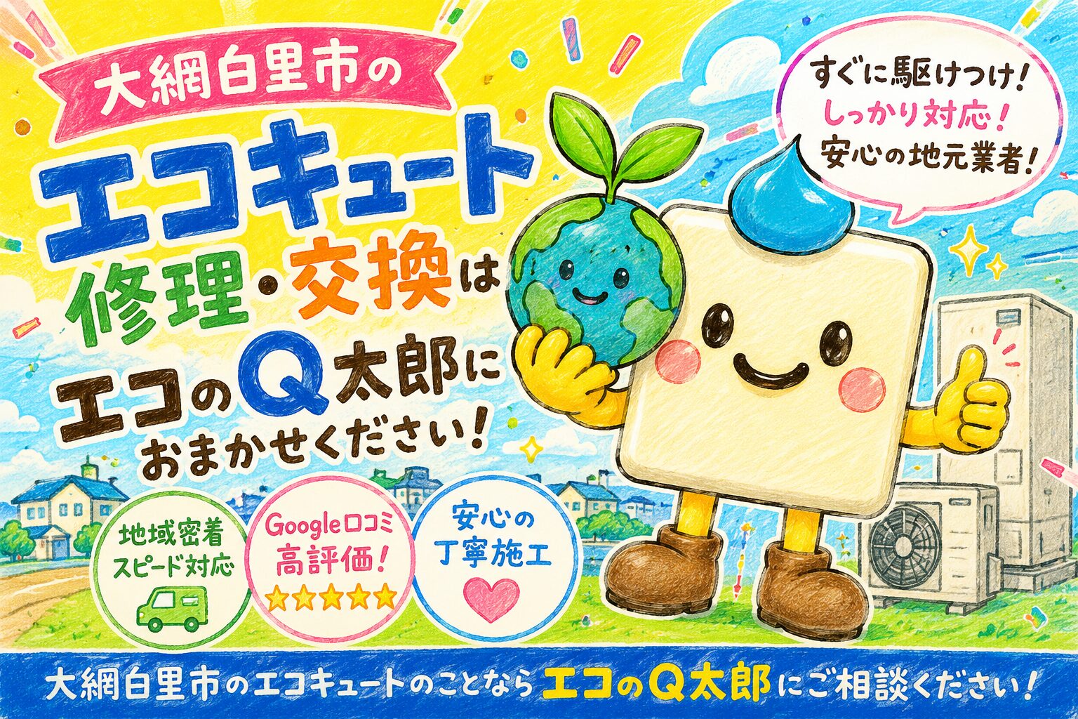 大網白里市のエコキュート修理・交換を案内するエコのQ太郎のイラスト入りアイキャッチ