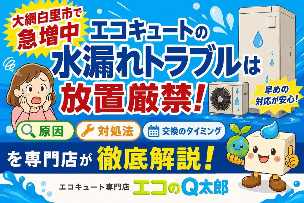 大網白里市で増えているエコキュート水漏れトラブルを解説するエコのQ太郎のアイキャッチ画像