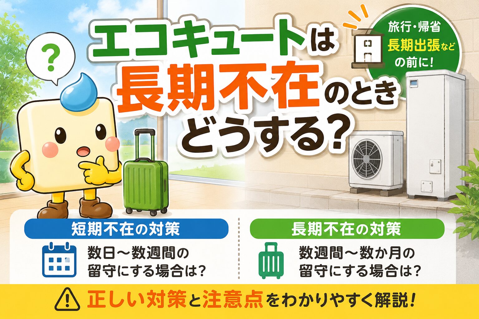 長期不在時のエコキュート対策を案内するエコのQ太郎のイラスト