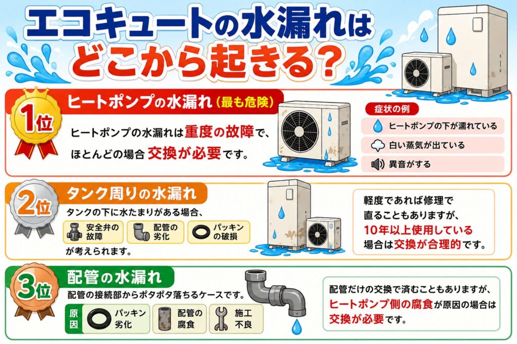 エコキュートの水漏れが発生する主な箇所をランキング形式で解説したイラスト|ヒートポンプ・タンク・配管の水漏れ原因
