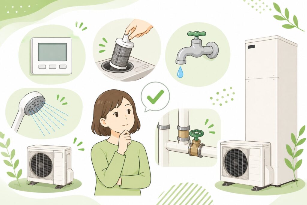エコキュートを自分で確認できるポイントをイラストで紹介したブログ用画像