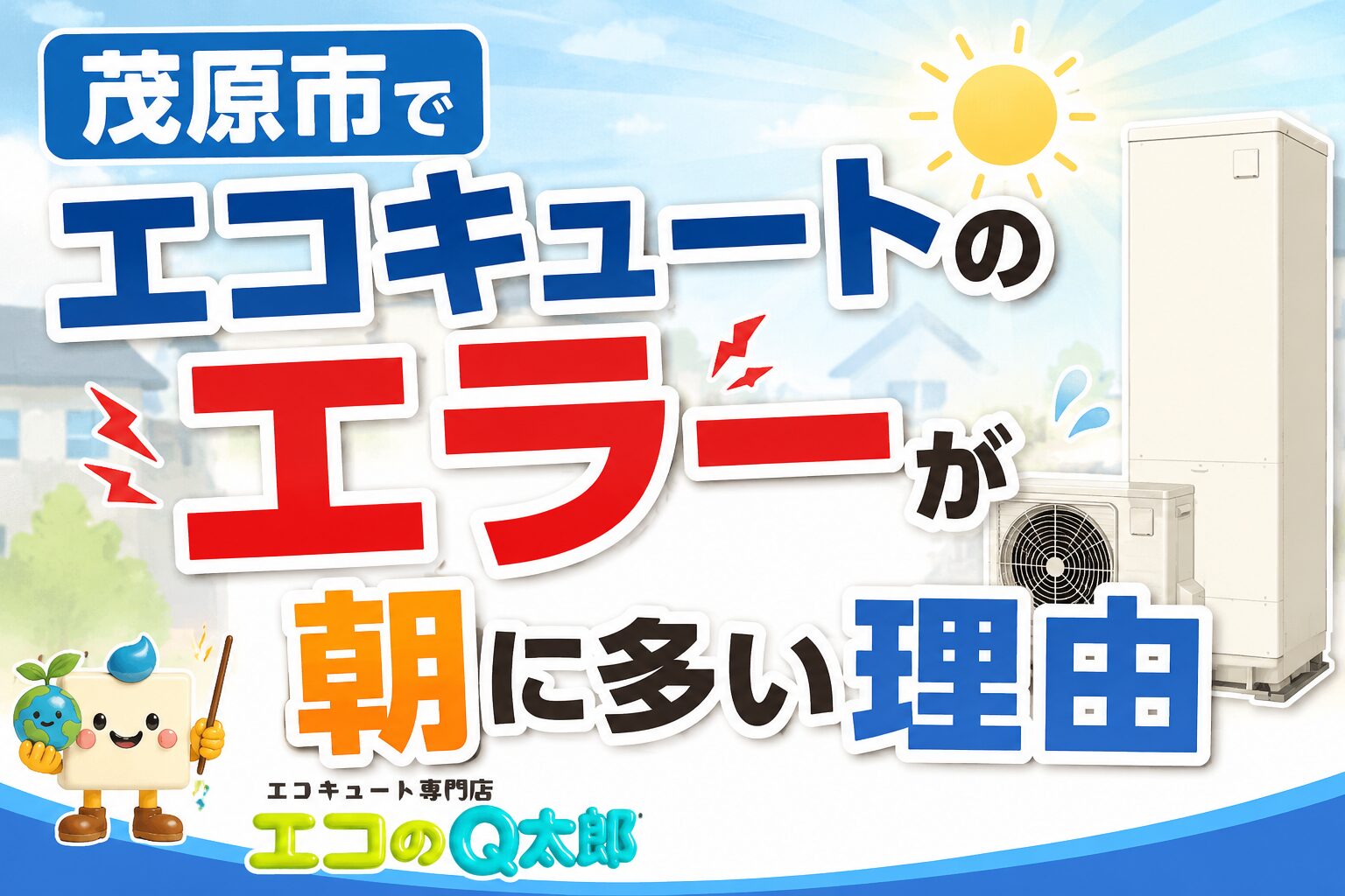 茂原市でエコキュートのエラーが朝に多い理由を解説するアイキャッチ画像。朝の住宅街を背景に、困った表情のエコのQ太郎キャラクターとエコキュートが描かれている。