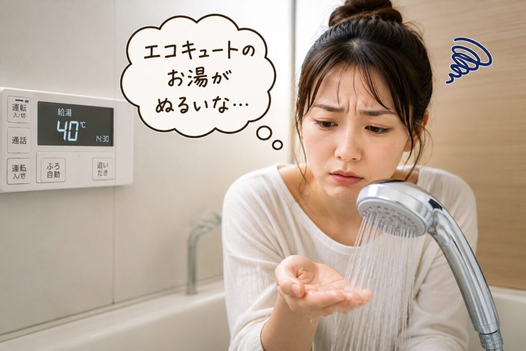 エコキュートのお湯がぬるいと困っている様子をイメージした挿入画像。シャワーのお湯を確認する女性と給湯リモコンを背景に、お湯がぬるい原因や対処法を解説。