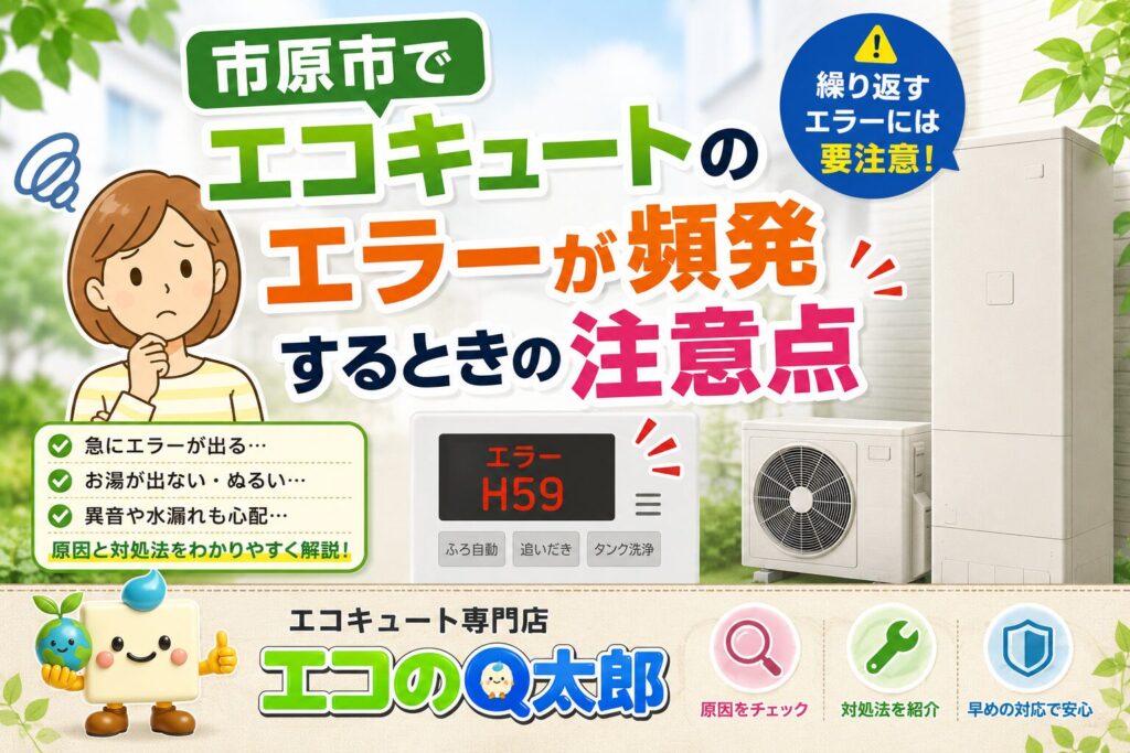 市原市でエコキュートのエラーが頻発するときの注意点を解説するアイキャッチ画像。エコのQ太郎キャラクターとエコキュートをモチーフにしたデザイン。