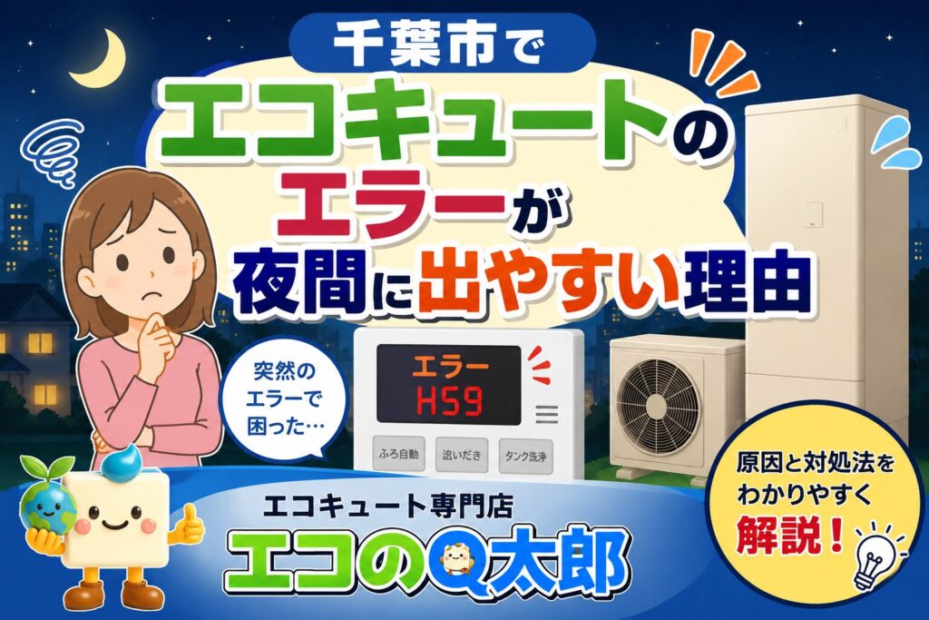 千葉市でエコキュートのエラーが夜間に出やすい理由を解説するアイキャッチ画像。夜の街並みを背景に、エラー表示されたエコキュートとエコのQ太郎のキャラクターが描かれている。