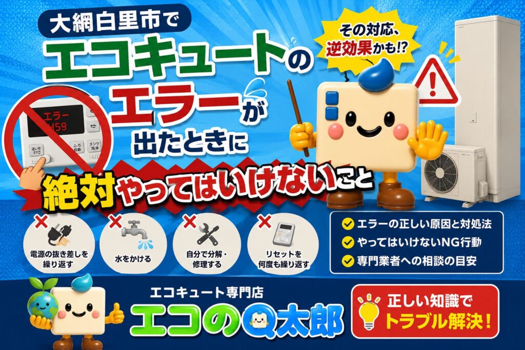 大網白里市でエコキュートのエラーが出たときに絶対やってはいけないことを解説するアイキャッチ画像。警告マークとエコのQ太郎キャラクター、エコキュートが描かれている。