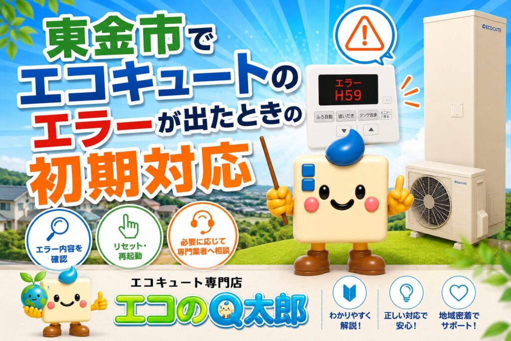 東金市でエコキュートのエラーが出たときの初期対応を解説するアイキャッチ画像。エコのQ太郎のロゴとキャラクター、エコキュートが配置されたブログ用バナー。
