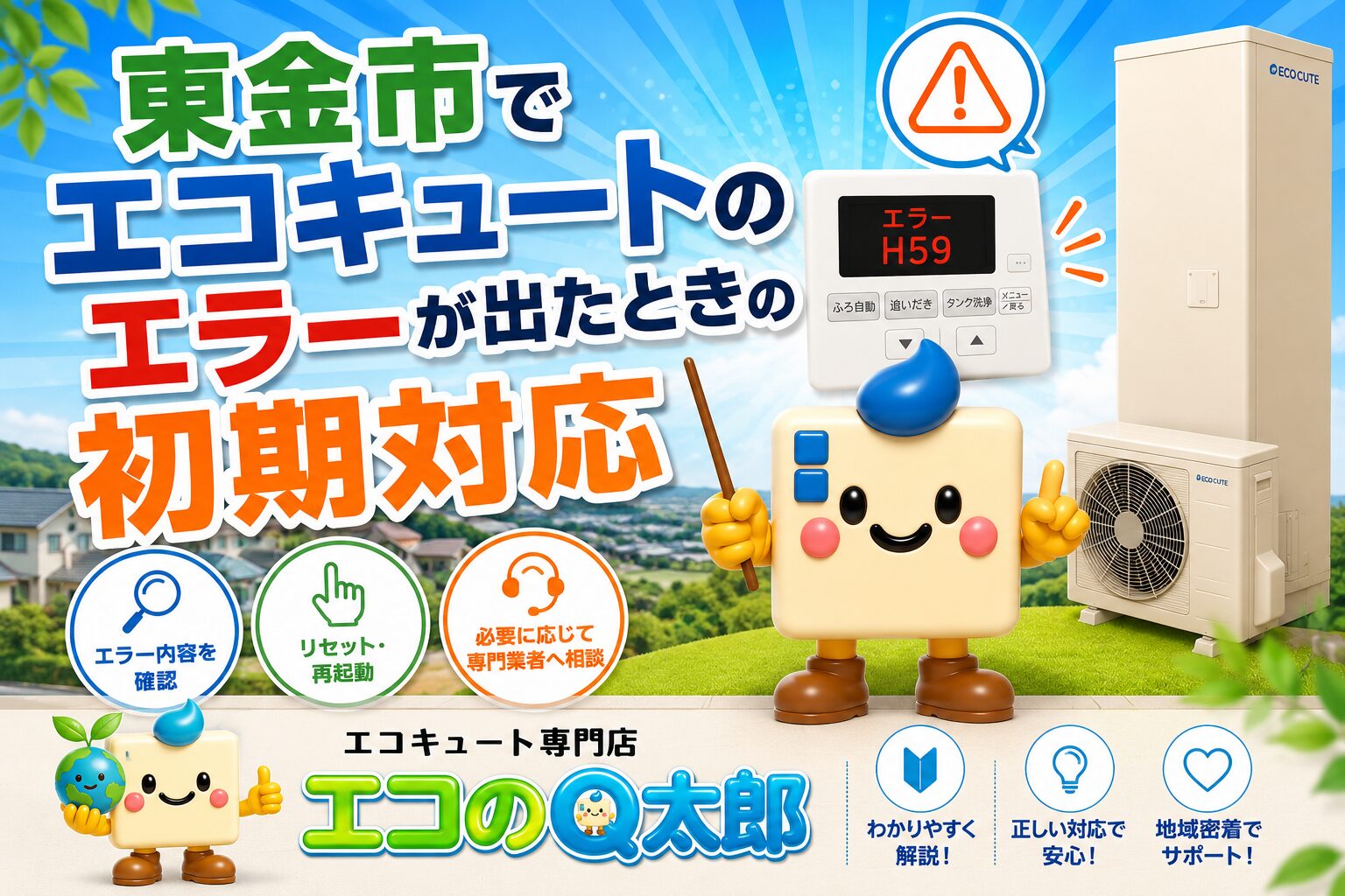 東金市でエコキュートのエラーが出たときの初期対応を解説するアイキャッチ画像。エコのQ太郎のロゴとキャラクター、エコキュートが配置されたブログ用バナー。