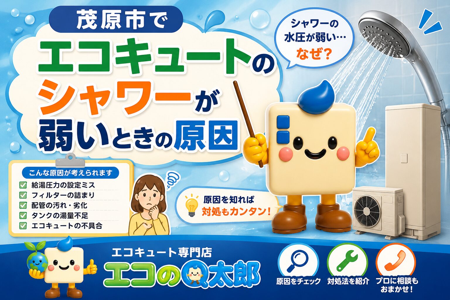 茂原市でエコキュートのシャワーが弱い原因を解説するアイキャッチ画像。シャワー、水圧の弱さ、エコキュート本体、エコのQ太郎キャラクターが描かれている。
