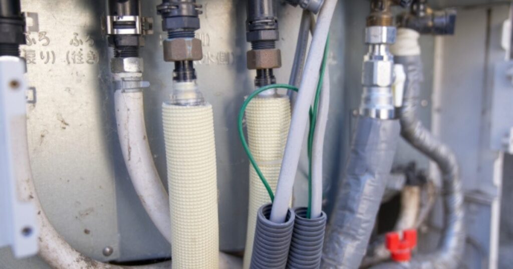エコキュートの配管や接続部分を撮影した点検イメージ。水漏れや配管トラブルの確認箇所を示す写真。