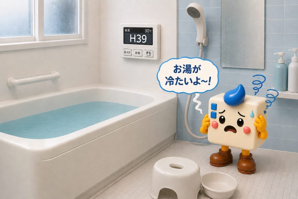 エコキュートのH39エラーでお風呂のお湯が30℃と冷たくなり、困っているキャラクターを表現した3Dイラスト