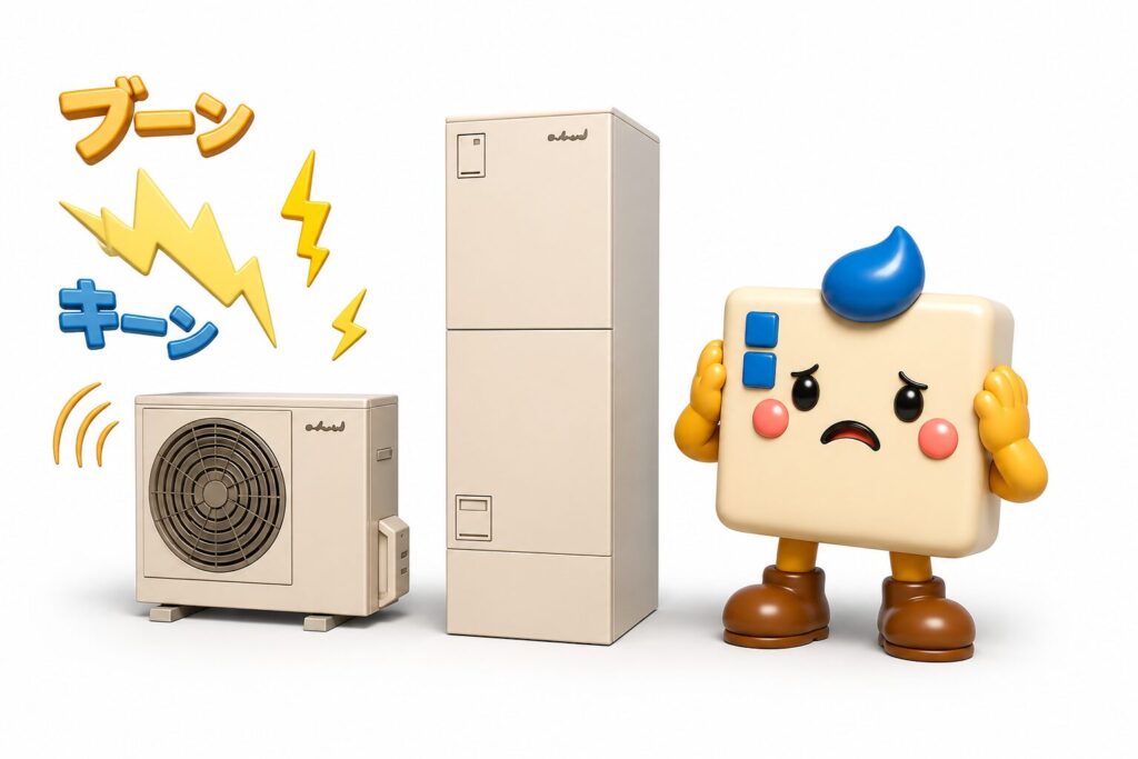 エコキュートのヒートポンプから「ブーン」「キーン」と異音が発生し、困っているエコのQ太郎を描いた3Dアイキャッチ画像