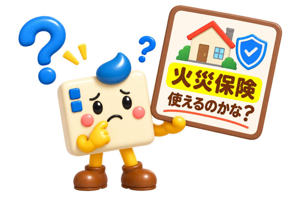 火災保険が使えるのか疑問を持つエコのQ太郎のキャラクター
