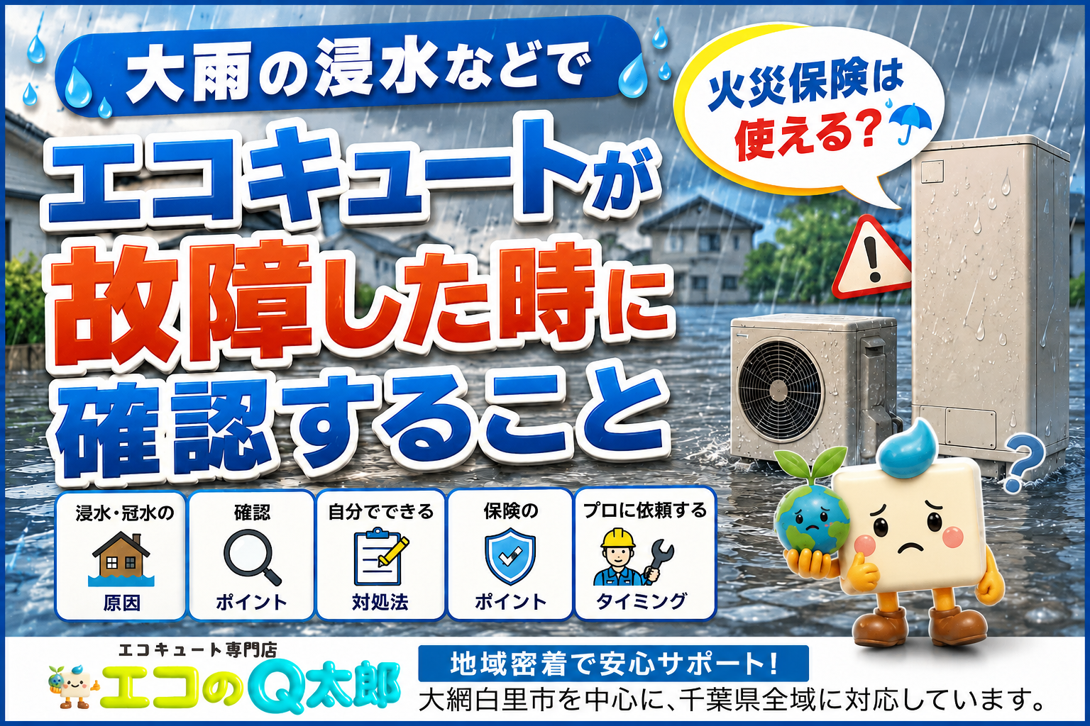 大雨の浸水や冠水で故障したエコキュートの確認ポイントと火災保険について解説するイメージ タイトル