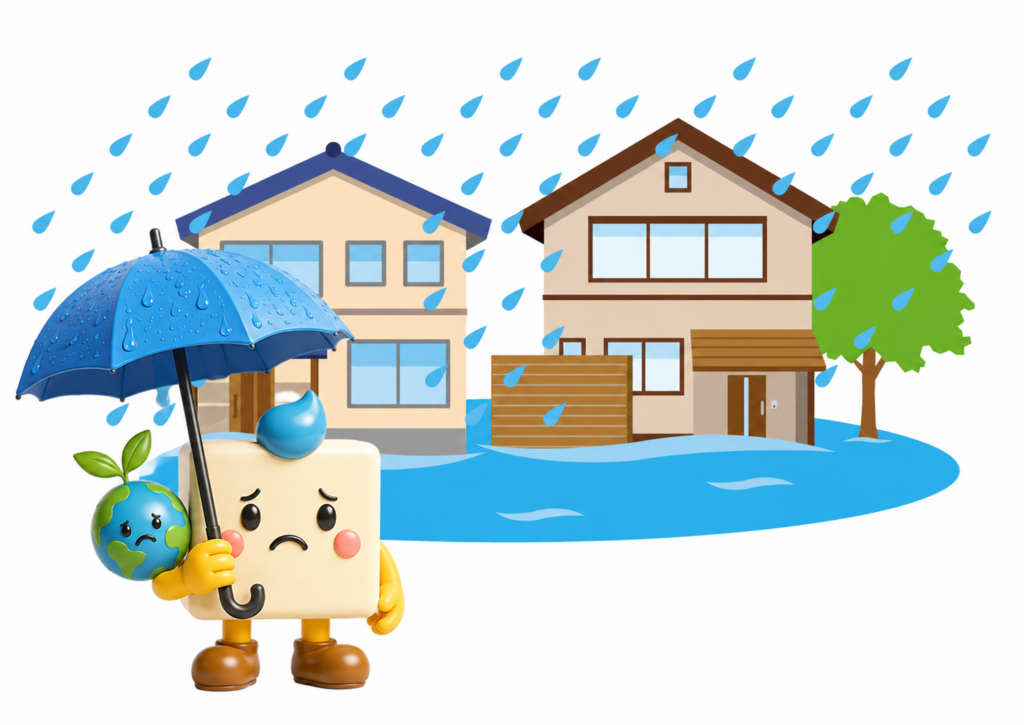 大雨で浸水した住宅と悲しそうな表情で傘を持つエコのQ太郎のキャラクター