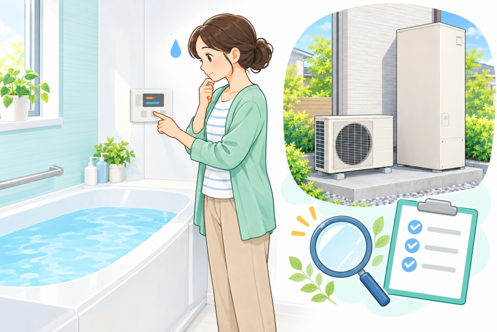 浴室リモコンの設定を確認する女性と、屋外のエコキュートの貯湯タンク・ヒートポンプユニットを描いたイラスト。
