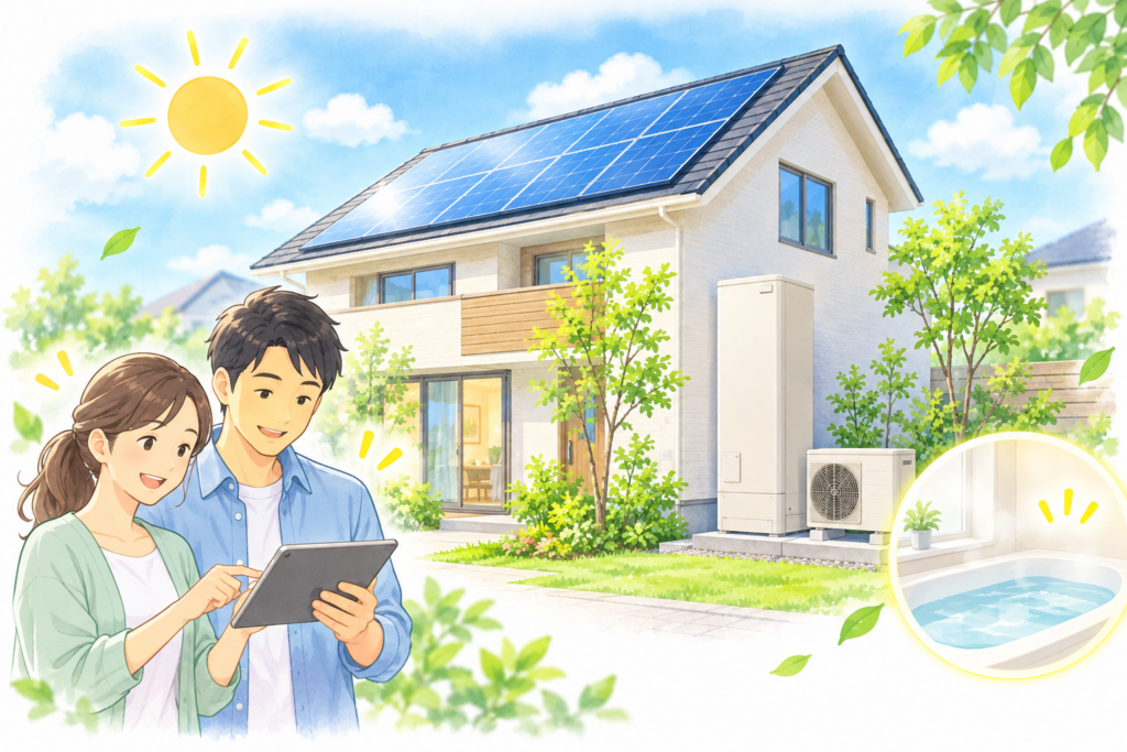 太陽光パネルのある住宅と屋外のエコキュート、タブレットを確認する夫婦、湯を張った浴槽を描いたイラスト。