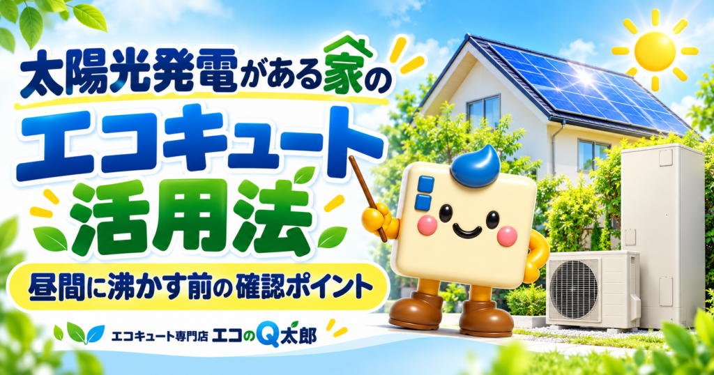 太陽光パネルのある住宅とエコキュート、Q太郎のキャラクターを配置した、昼間の沸き上げ前の確認ポイントを紹介するアイキャッチ。