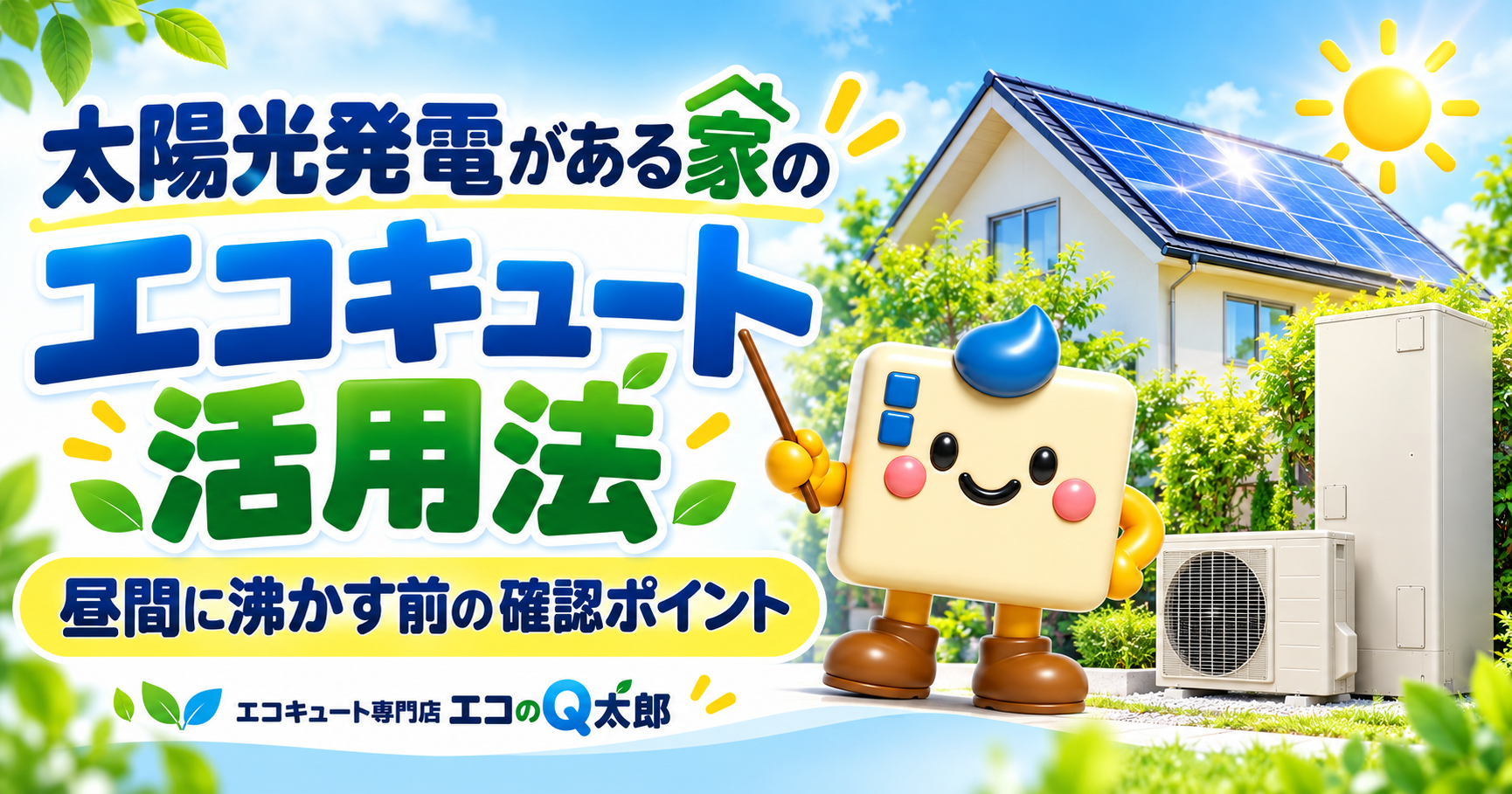 太陽光パネルのある住宅とエコキュート、Q太郎のキャラクターを配置した、昼間の沸き上げ前の確認ポイントを紹介するアイキャッチ。
