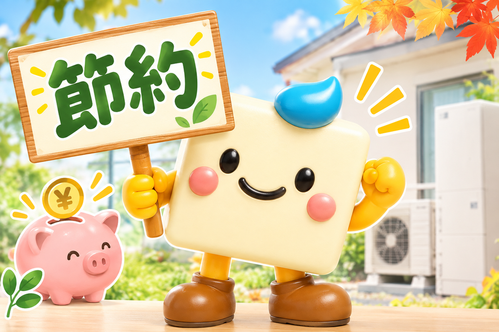 「節約」の札を持つエコのQ太郎とエコキュート。電気代の節約をイメージした秋のイラスト
