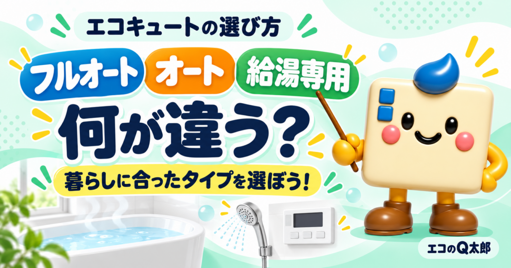 フルオート・オート・給湯専用を色分けし、エコのQ太郎のキャラクターが案内する、エコキュートのタイプ選びの画像。