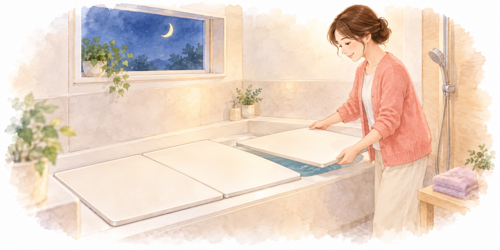 次の家族が入浴するまでお湯が冷めにくいよう、浴槽のふたを閉める女性のイラスト。