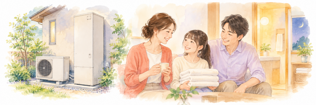 住宅脇のエコキュートと、タオルを持つ娘を囲んで笑顔で過ごす家族の横長イラスト。