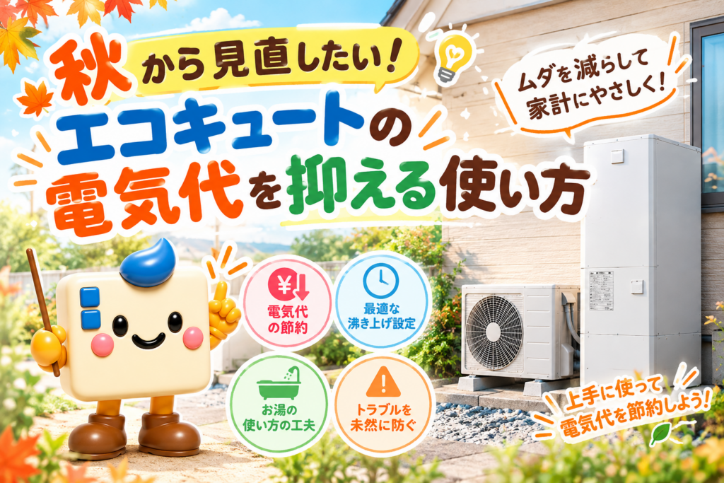 秋から見直したいエコキュートの電気代を抑える使い方。節約を呼びかけるエコのQ太郎とエコキュートのイラスト