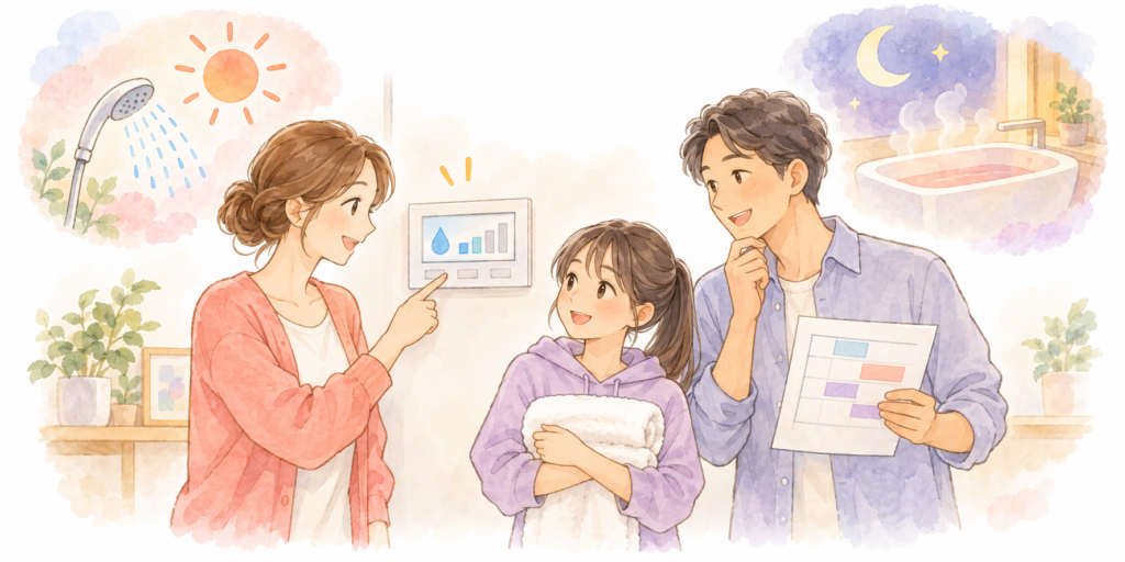 エコキュートのリモコンと予定表を確認しながら、朝と夜のお湯の使い方を相談する家族のイラスト。