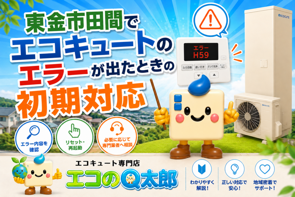 東金市田間でエコキュートのエラーが出たときの初期対応を解説するアイキャッチ画像。エコのQ太郎のロゴとキャラクター、エコキュートが配置されたブログ用バナー。