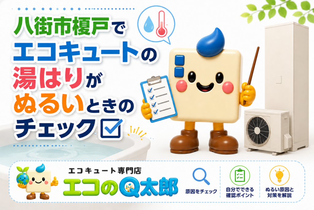 八街市榎戸でエコキュートの湯はりがぬるいときのチェック方法を紹介するアイキャッチ画像。エコのQ太郎のロゴとキャラクター、エコキュート本体を白基調でデザインしたブログ用バナー。