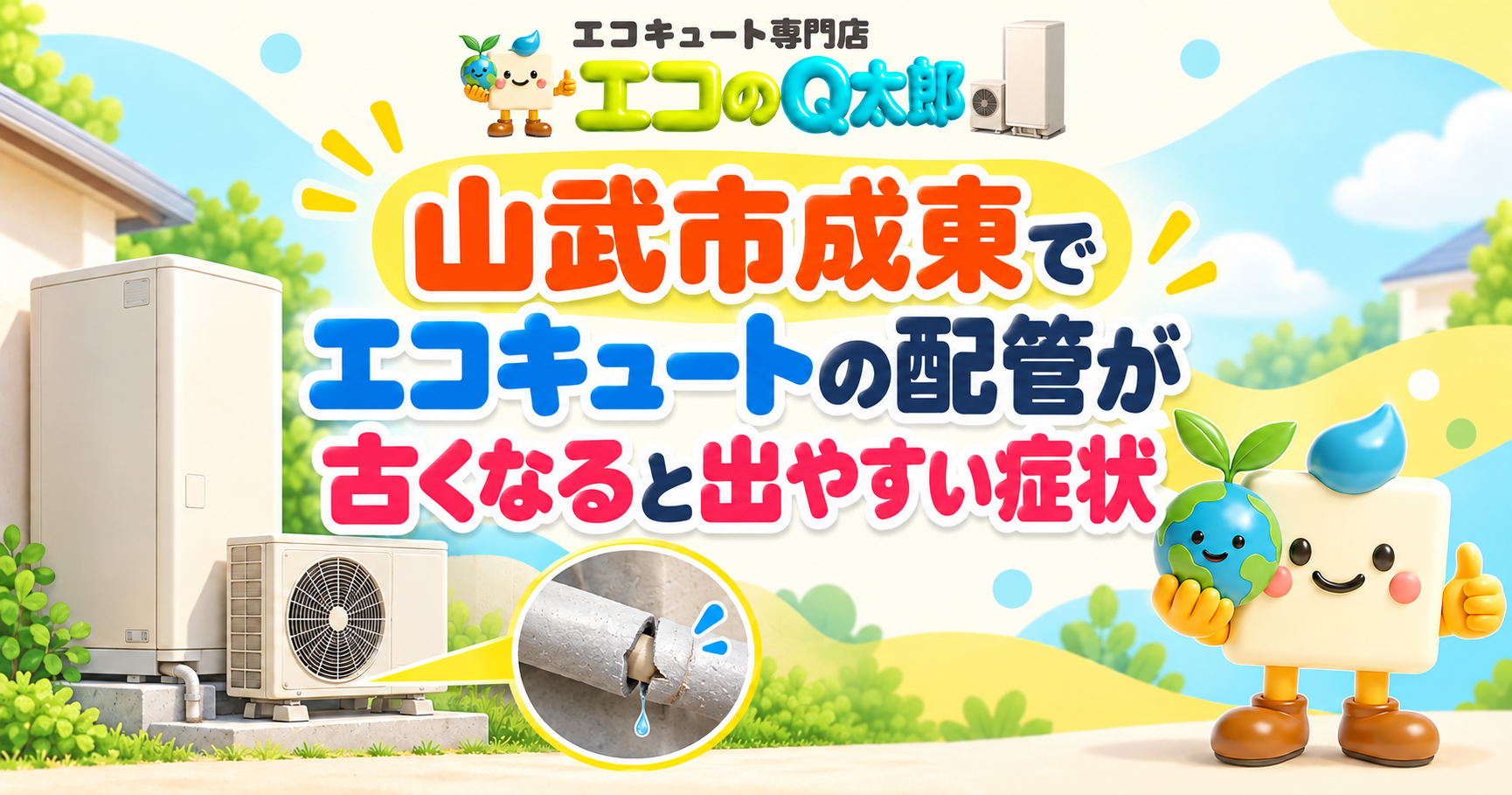 山武市成東でエコキュートの配管が古くなると出やすい症状を解説するエコのQ太郎のアイキャッチ画像