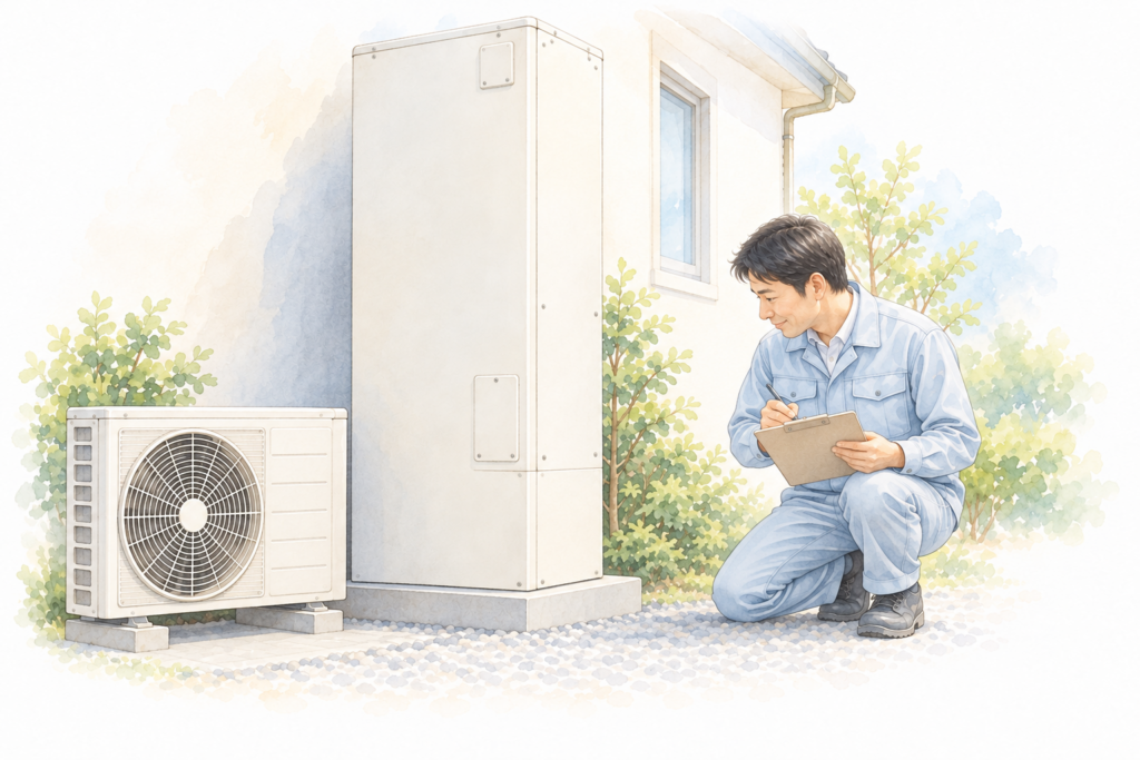 エコキュートの貯湯タンクとヒートポンプユニットのそばで、交換前の設置状況を確認し、記録する作業員の水彩調イラスト。
