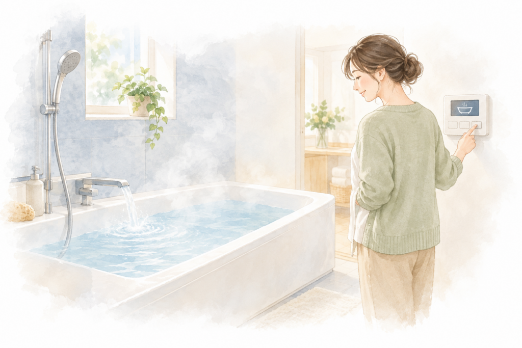 お湯を張っている浴槽とシャワー、給湯リモコンを操作する女性を描いた水彩調のイラスト。