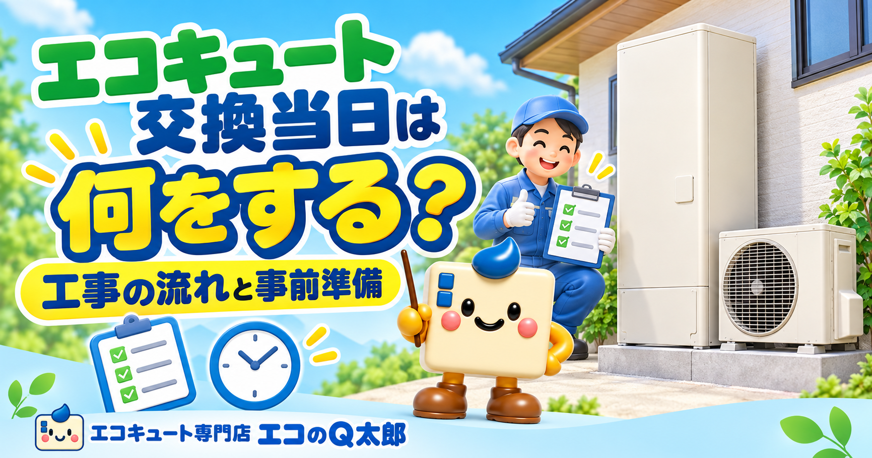 エコキュート交換当日の工事の流れと事前準備を紹介する、Q太郎とチェックリストを持った作業スタッフのアイキャッチ。