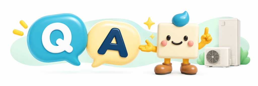 QとAの吹き出し、質問を案内するQ太郎、エコキュートの貯湯タンクとヒートポンプを描いた横長イラスト。