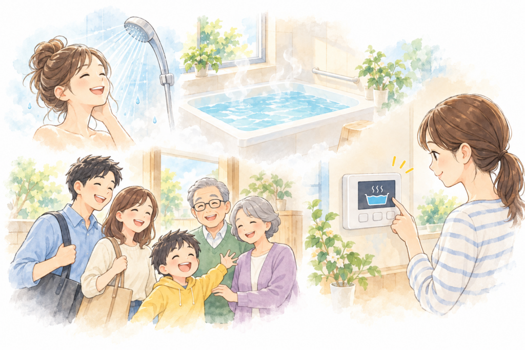 シャワーや湯はり、給湯リモコンの操作、家族の集まりを描いた、お湯の使い方と家族構成を考えるイラスト。
